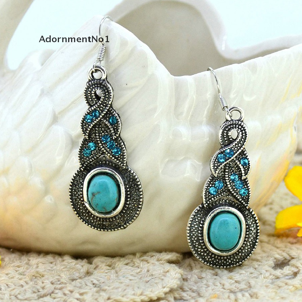 (AdornmentNo1) Set Kalung + Anting Kait Gantung Vintage Retro Elegan Aksen Batu Turquoise Untuk Wanita