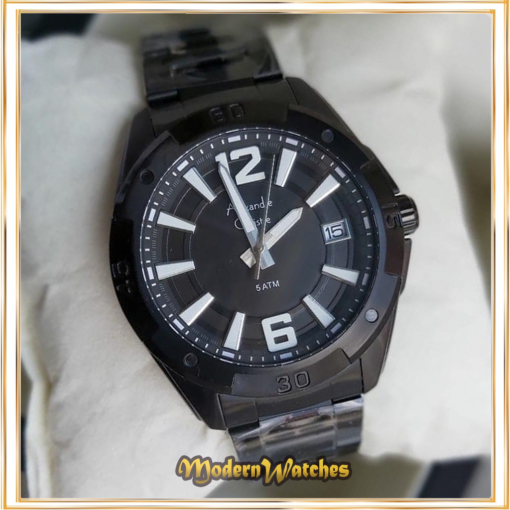 Jam Tangan Ori Pria Alexandre Christie Full Black Hitam Rantai Stainless Simple Alexander Cowok