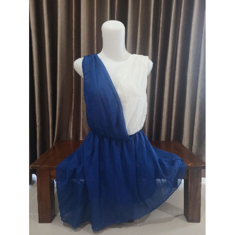 dress sifon biru putih