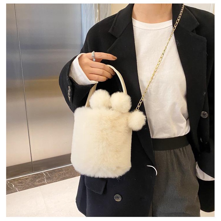 [littlecrab]Tas Wanita Bulu Model Ember Pom Pom Lembut Tas Lucu Cute Bucket Fluffy Bag Tas Selempang Tas Bahu Tas Unik Korean Style