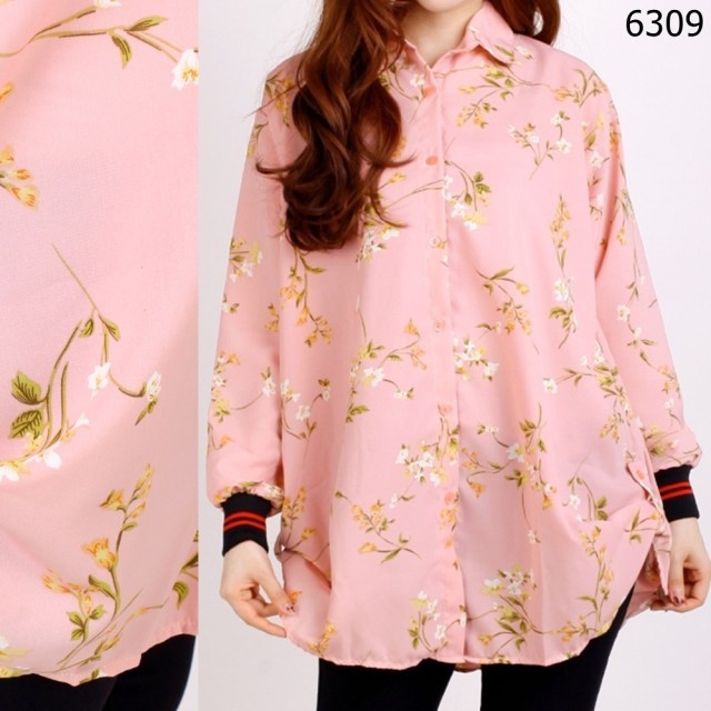 012 OVERSIZE KEMEJA BUNGA# Pakaian Wanita Dewasa  Gaya Kekinian Baru Murah Grosir Tanah Abang