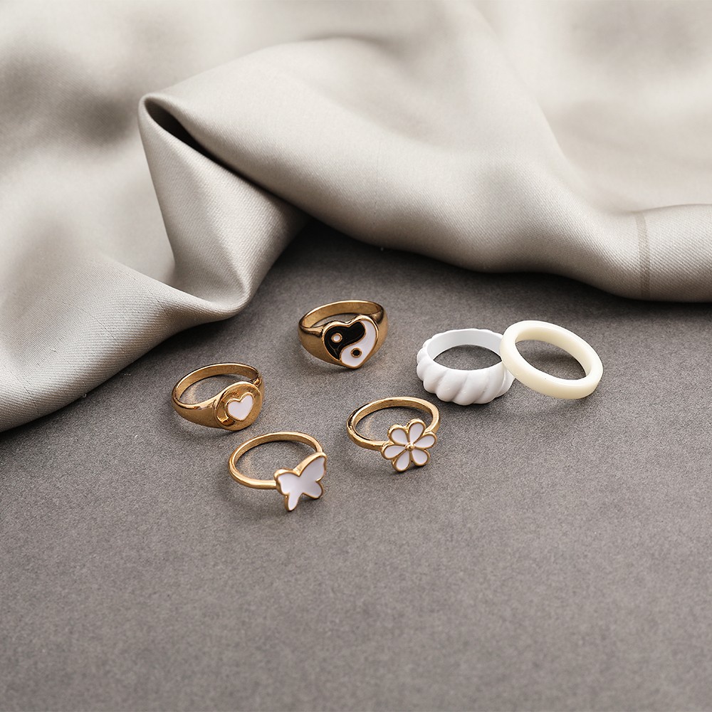 6pcs / Set Cincin Tai Chi Bentuk Hati Kupu-Kupu Putih Gaya Elegan Untuk Aksesoris Wanita