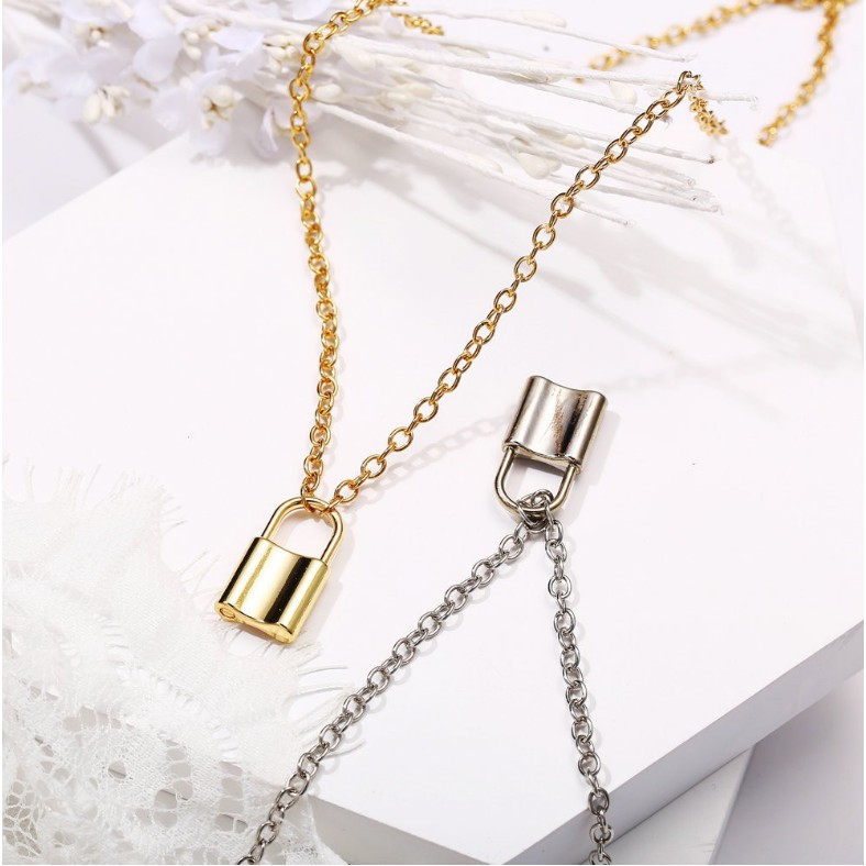Kalung Wanita Gembok Kunci Emas Liontin Kalung Rantai Wanita Retro Korea Dalika