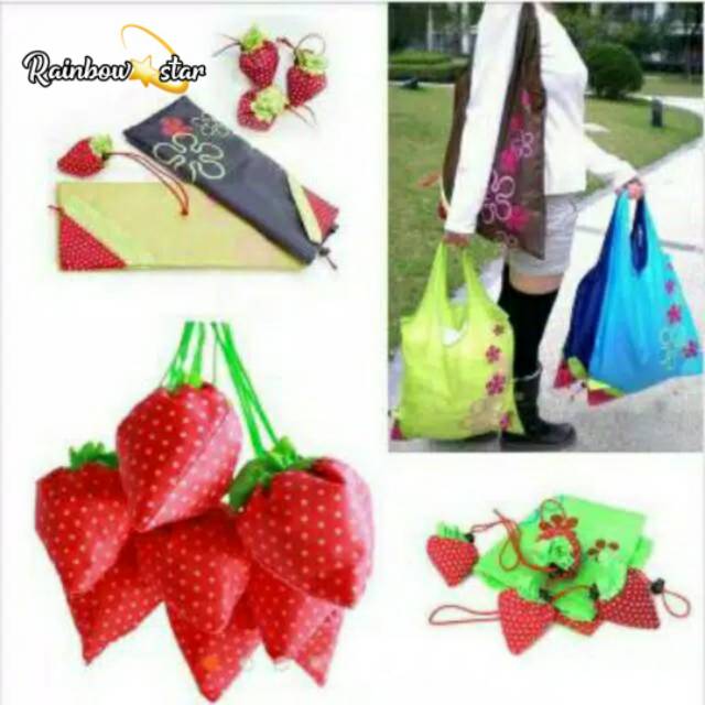 Tas Lipat Belanja Strawberry / Shopping Bag Waterproof / Reusable Bag Tas Lipat Bahan Parasut