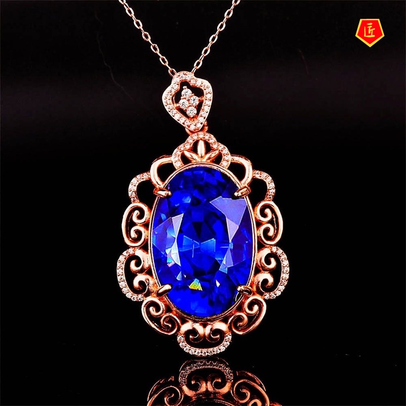 [Ready Stock]Luxury Inlaid Sapphire Pendant 18K Rose Gold Necklace Elegant Advanced