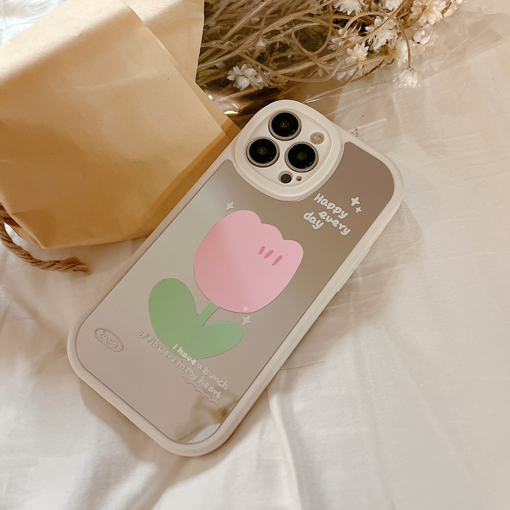 Case Pelindung Motif Bunga Pink Dengan Cermin Makeup Untuk Iphone 11 8 7 Plus SE2 XS XR 12 13 Mini PRO MAX