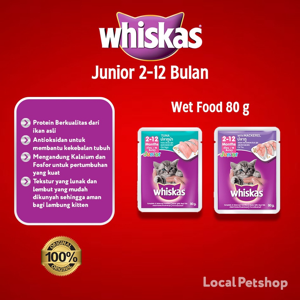 WHISKAS Junior makanan kucing basah kitten 80gr rasa tuna dan mackarel original Termurah