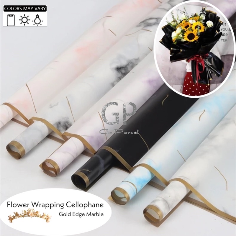 ( 5 Lembar ) GOLD EDGE MARBLE - FLOWER WRAPPING PAPER KOREAN PLASTIC CELLOPHANE - KERTAS BUNGA BUKET / FLORIST