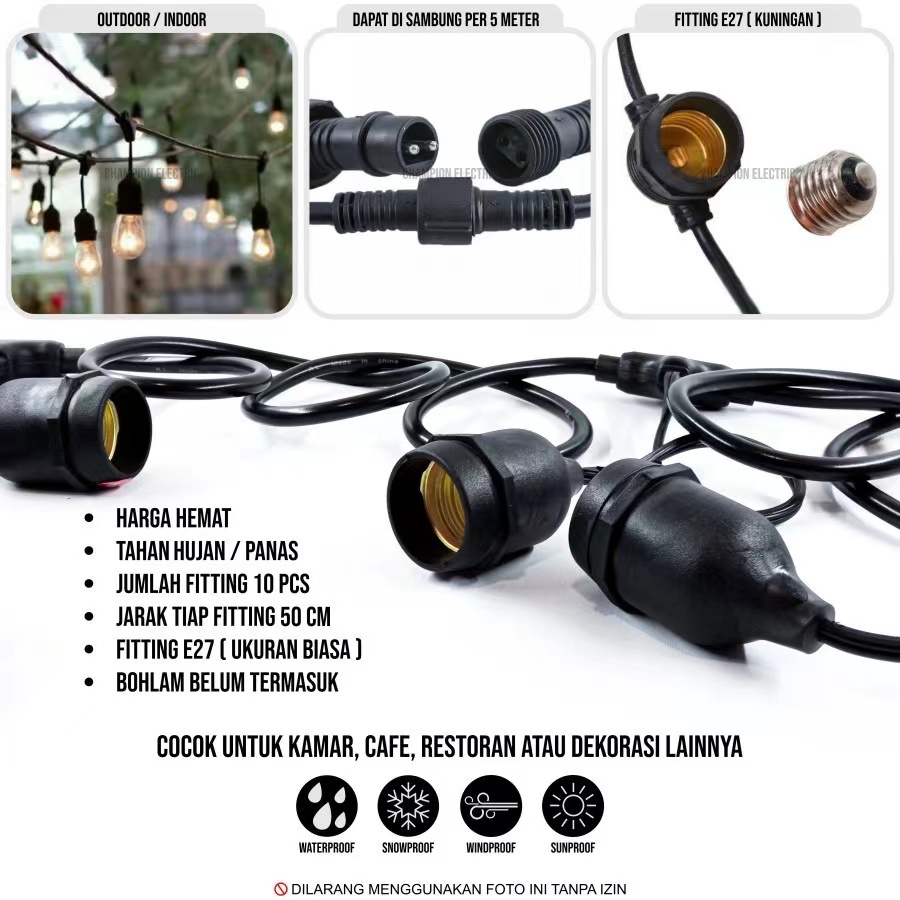 Fitting Lampu Gantung Outdoor 10 Meter 20 Fiting / Waterproof / 10 Meter 10 Fitting LAMPU GANTUNG CAFE 20 M / 10 M dekorasi/Kabel Fitting Outdor/Lampu Hias Cafe