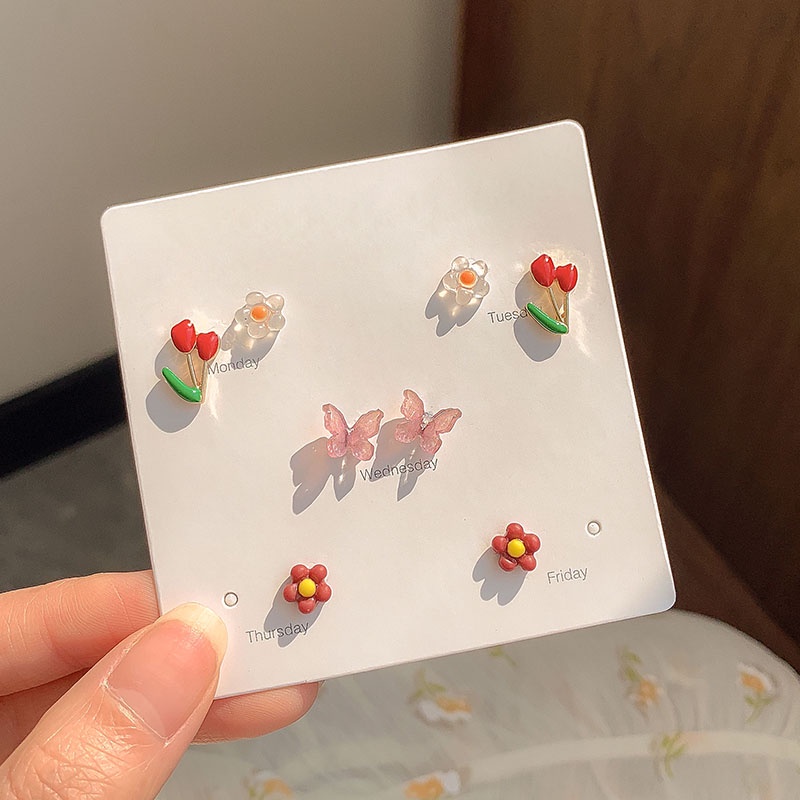 AY(CN) Set Anting Stud Desain Bunga Butterfly Warna-Warni Aksen Mutiara Bahan Keramik Gaya Korea Untuk Wanita