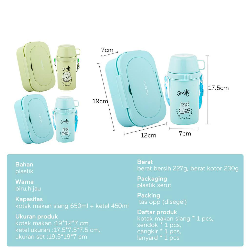 ecentio 3 Grid Lunch Box Set 650ml/Kotak Bekal Makan Anti Tumpah Free Mangkuk Sup 450ml/Tas Bekal Set Anak