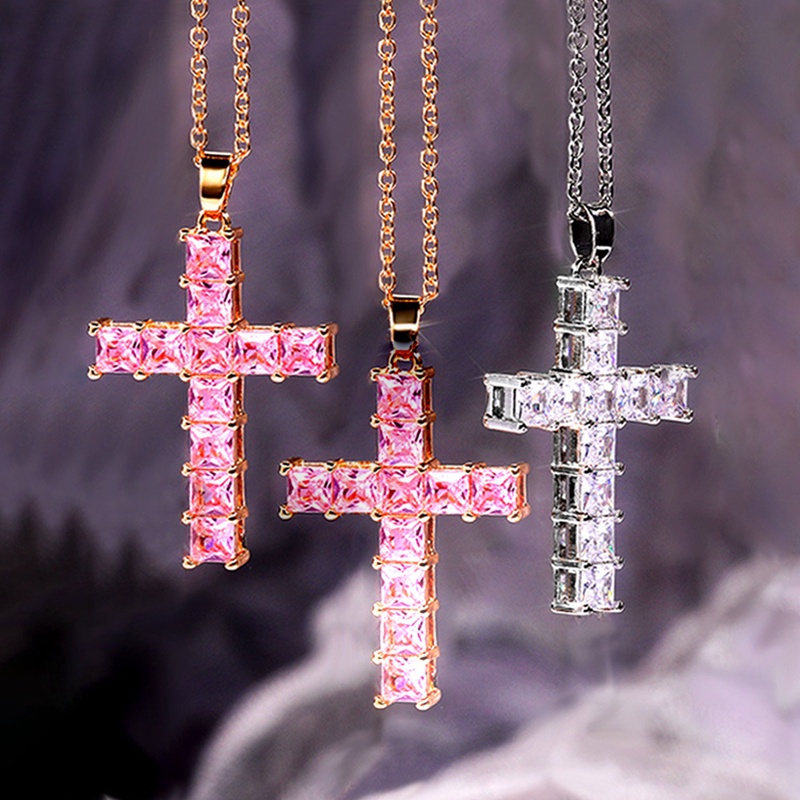 Kalung Salib Inlaid Cubic Zirconia Warna Putih Pink Serbaguna Untuk Wanita