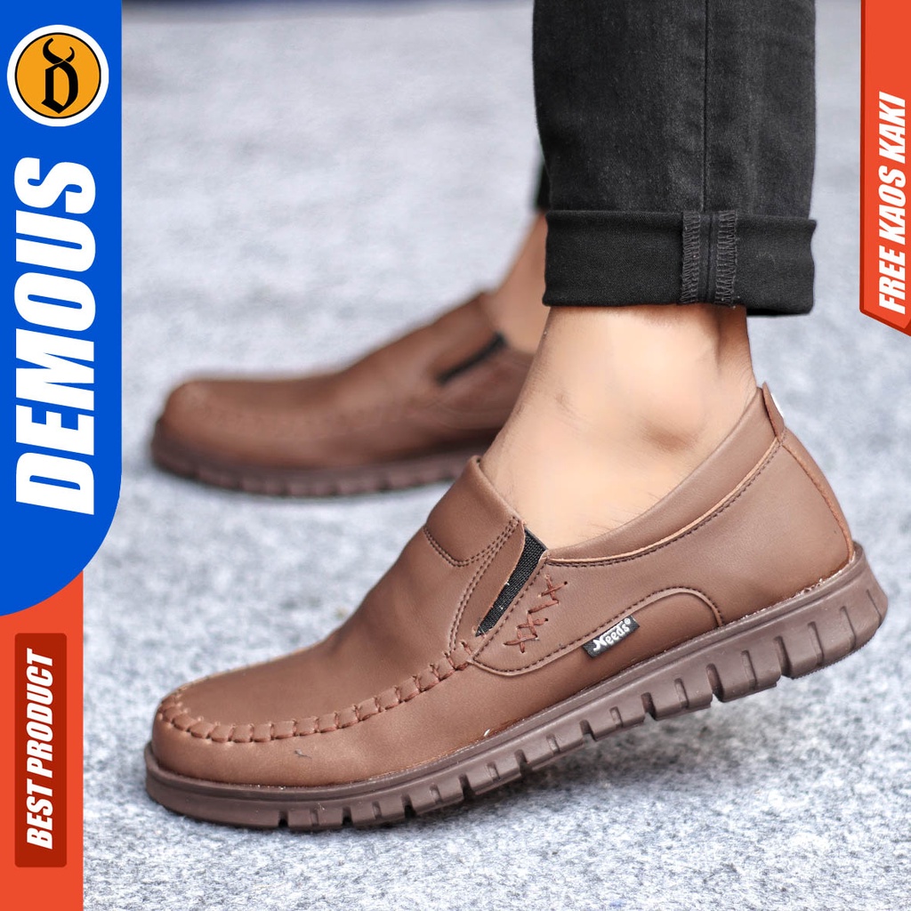 Sepatu Kasual Pria Casual Formal Slip On Kulit Pu Kerja Hitam Coklat Demous Bleno