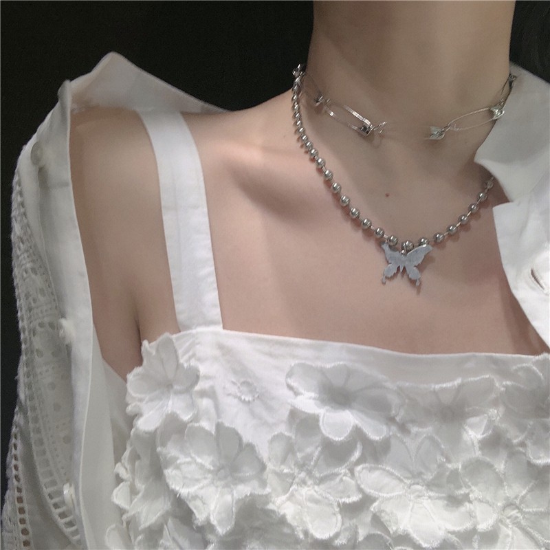 Double layer detachable pin butterfly necklace, cool girl, bungee, hip hop, European style, clavicle chain