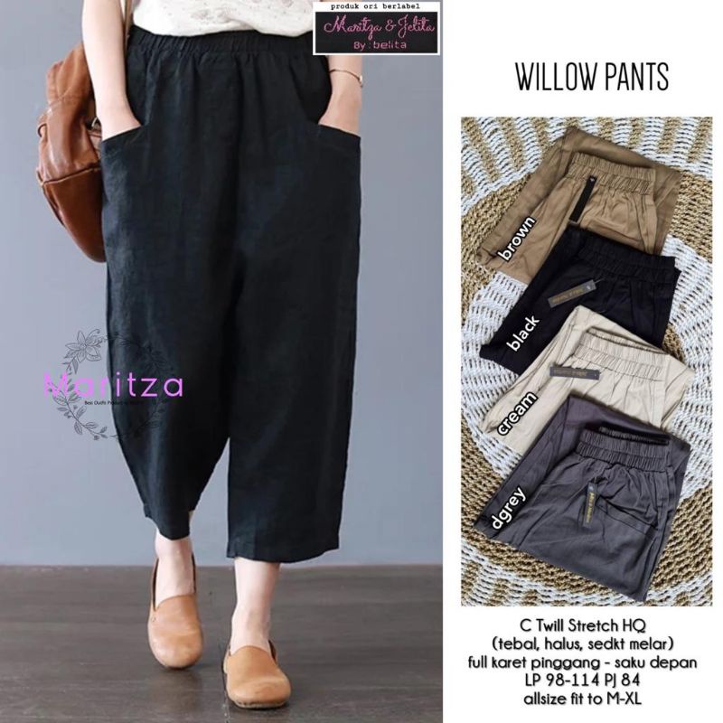 CELANA BAHAN TWILL / 11.4 / WILLOW PANTS / TEBAL MELAR ADEM / LP 98 MELAR SMPAI 114 / PJG 84 CM / SAKU DEPAN / MARITZA