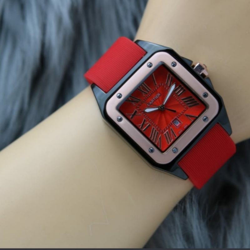 Jam Tangan Wanita Cartier 2422 Bahan Rubber Tanggal Aktif - Free Box Batre Cadangan Original