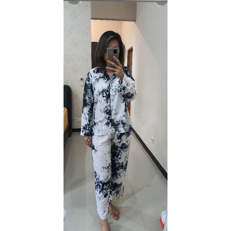baju piyama setelan tidur premium rayon jangger tie dye putih hitam