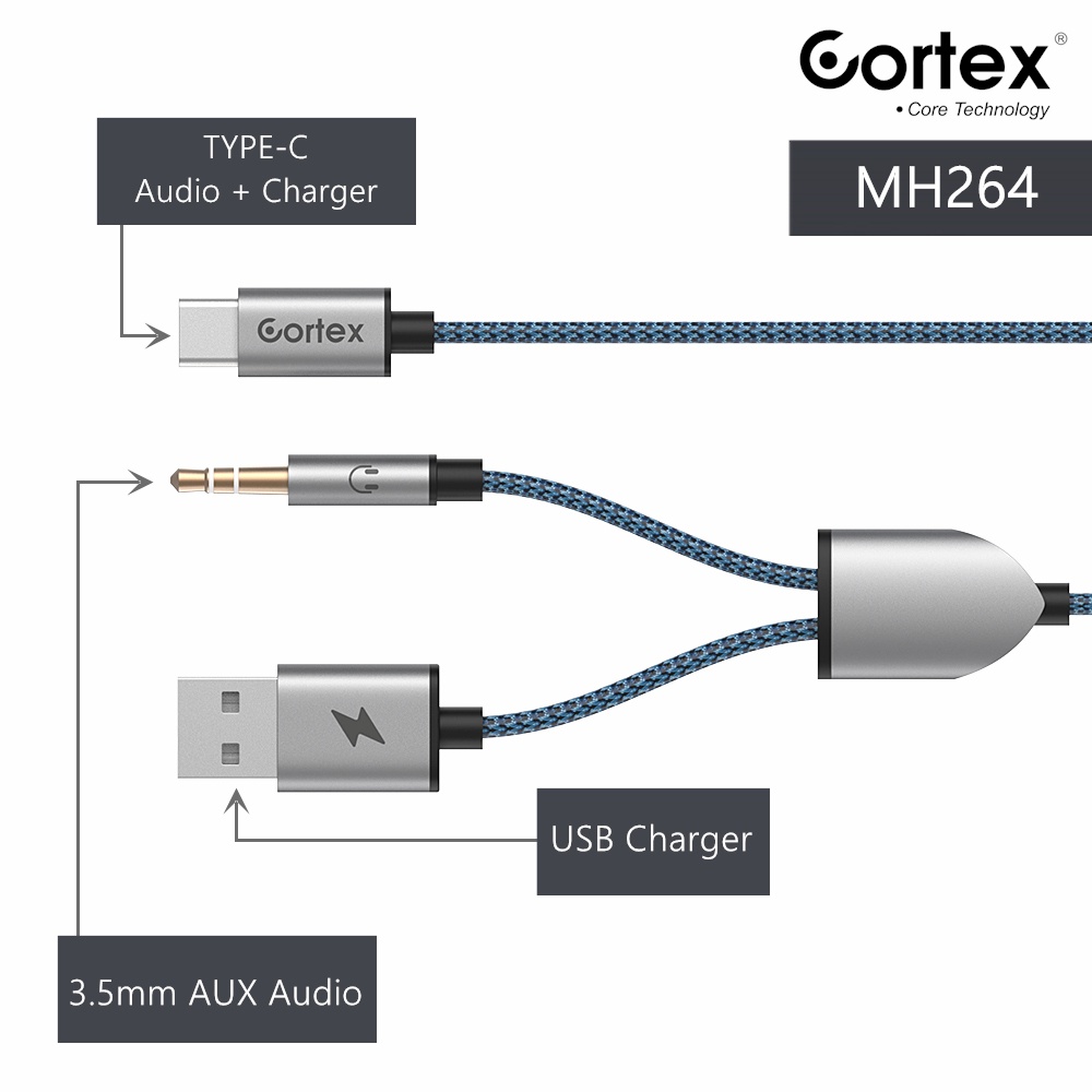 Cortex MH264 Type-C to Jack 3.5mm with USB Charging / Tipe C Audio + Charger Kabel 1.2Meter