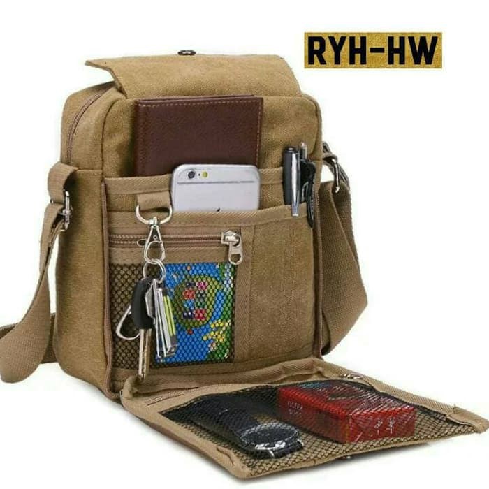 Unik tas selempang kanvas pria  sling bag   tas slempang cowok   travel bag   Cokelat Diskon