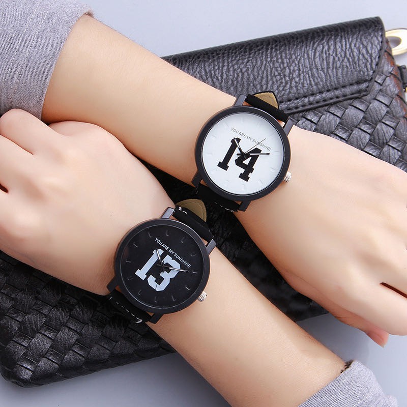 Jam Tangan Nomor 13 &amp; 14 Pasangan Jam Tangan Fashion Hitam Kulit Quartz Jam Tangan Wanita Pria