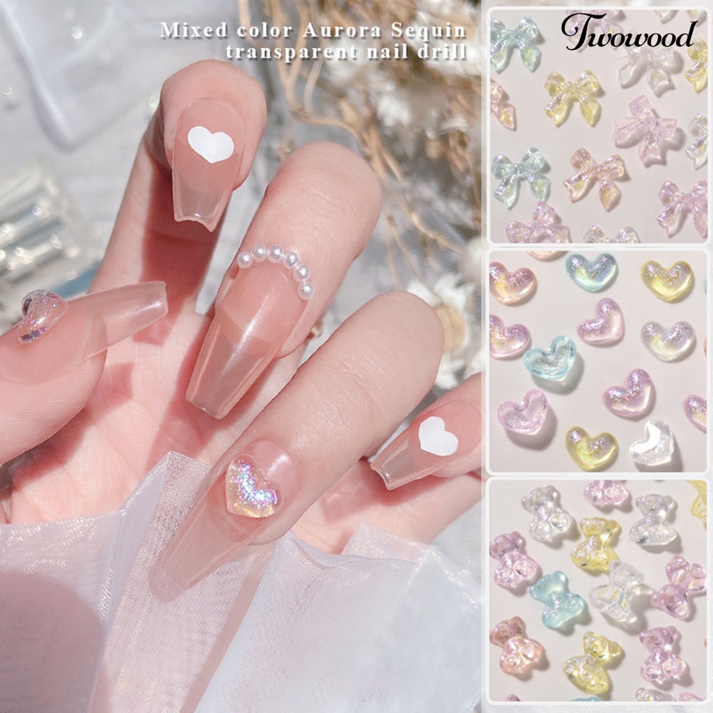 Twowood 50Pcs / Pak Charm Resin Transparan Bentuk Hati / Pita / Beruang Untuk Dekorasi Nail Art Charms