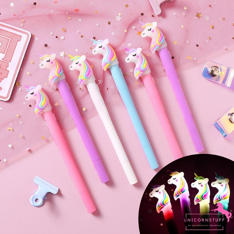 Bolpoin lampu Pulpen Pena Unicorn Premium Tinta Gel Perempuan Anak Journaling Tipis Karakter Pink Pastel Kado Anak Perempuan Alat Tulis Tempat Pensil Sekolah Back To School