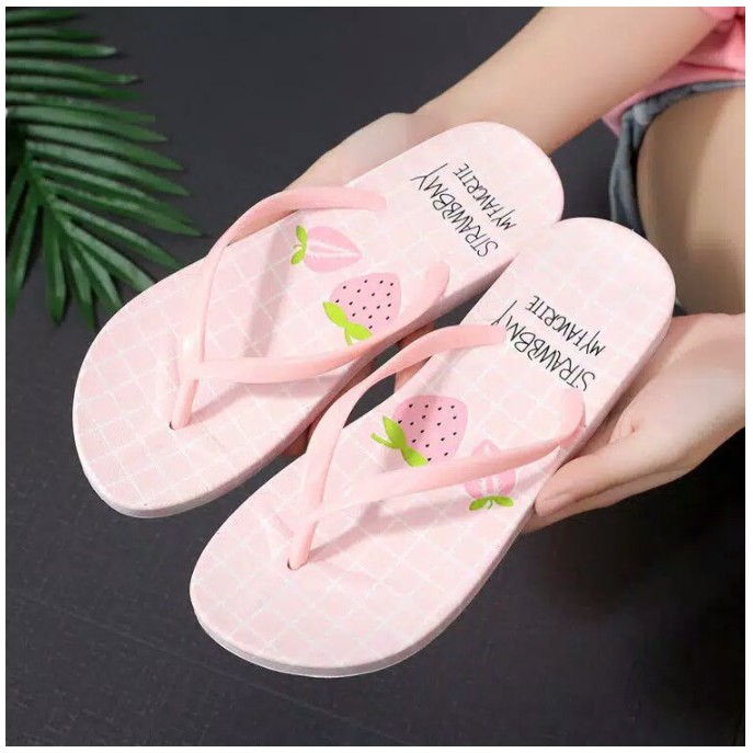 Sandal Jepit Spon Motif Lucu Kucing Pelangi Strawberry Anti Slip Murah-Strawberry Pink