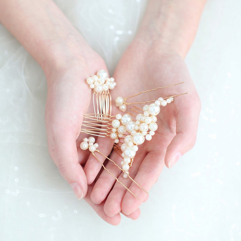 Retro Baroque Besar Mutiara Rambut Garpu Rambut Pengantin Bun Sisir Rambut Steker Set
