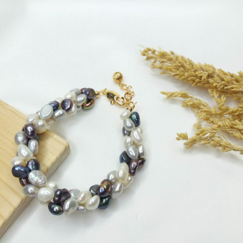 Gelang Lilit Mutiara Asli Rangka Lapis Emas 18K