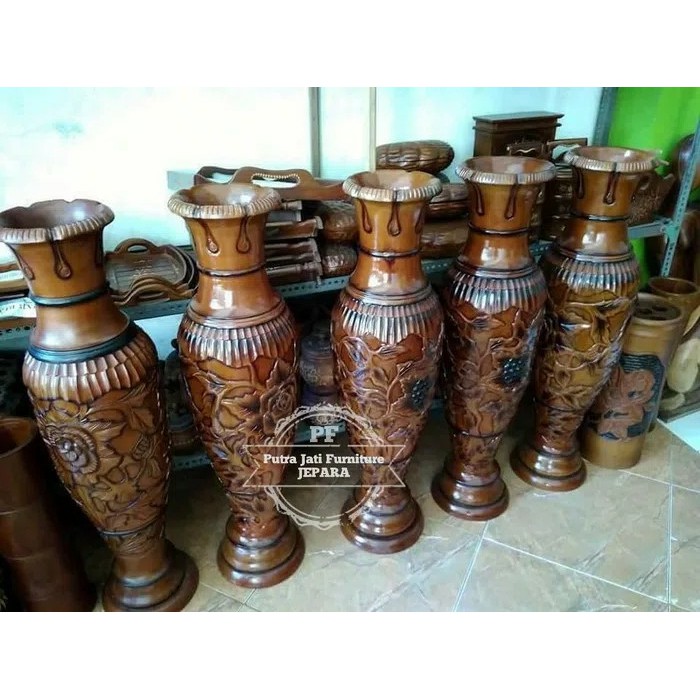 Guci Vas Bunga Hiasan Rumah Ukir Kayu Jati Jepara