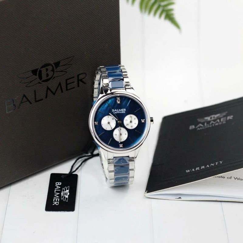 jam tangan wanita BALMER 8157 Rantai silver keramik biru multifungsi original