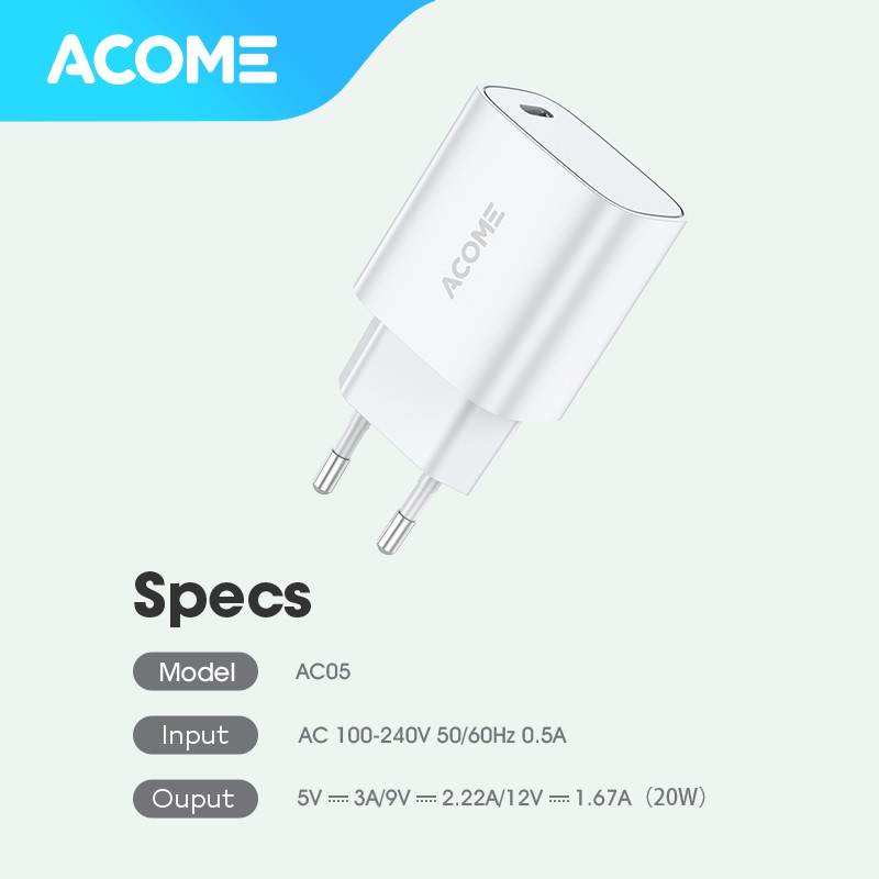 ACOME Charger AC05 Original 20W PD USB-C Multiple Fast Charging Garansi Resmi 1 Tahun