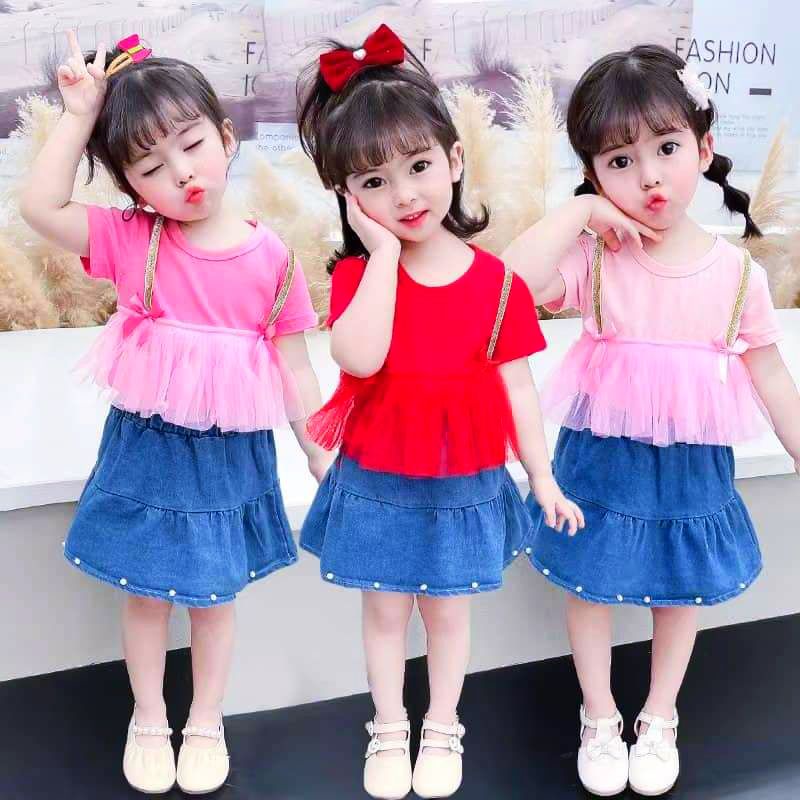 SETELAN ROK JEANS ANAK CEWEK IMPORT 1-5 TAHUN / SETELAN ROK JEANS PENDEK ANAK PEREMPUAN IMPORT PERGI JALAN LUCU