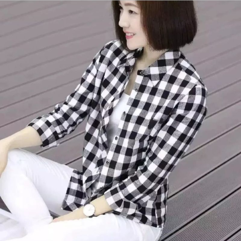 Kemeja Kotak Wanita// Kemeja Bahan Flanel// Atasan Wanita Murah// Trendy Kekinian