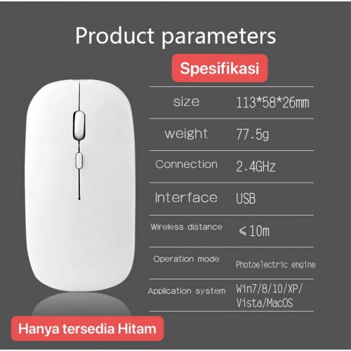 MOS-004 2.4G Wireless Mouse Rechargeable Baterai pakai cas, Design Thin Tidak Berisik Silent Mute