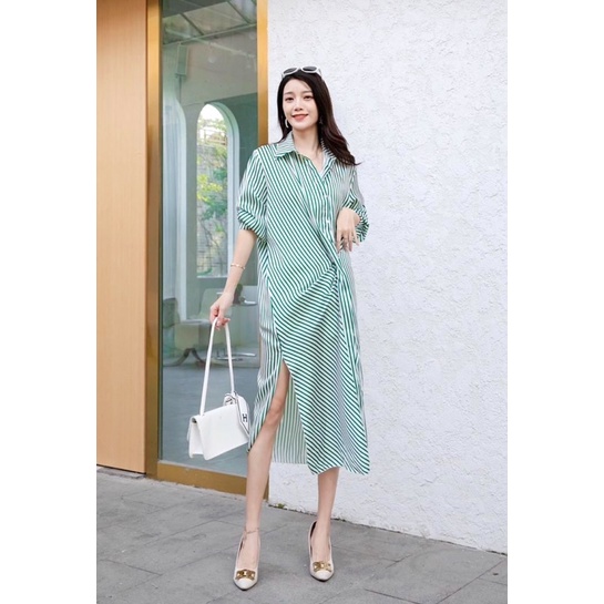 DRESS GARIS STRIPE WANITA KEKINIAN LENGAN PANJANG IMPORT KOREA STYLE MIDI HIJAB STYLE