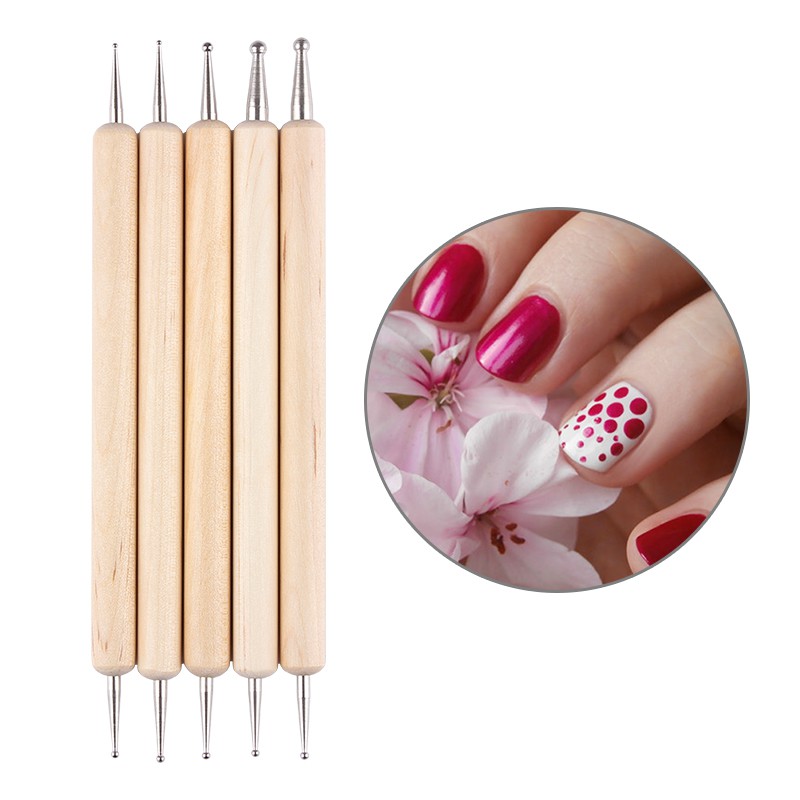 5pcs Pen Dotting Kepala Ganda Bahan Kayu Untuk Desain Manicure