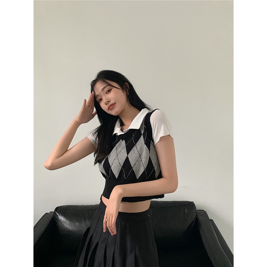 rose blackpink Rompi rajut wanita korea style retro kotak V-neck tanpa lengan kasual crop top knit