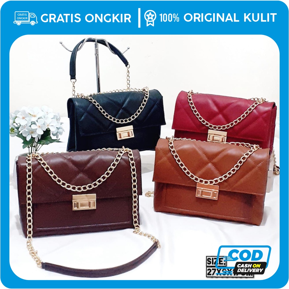 Tas selampang wanita kulit asli tas bahu model chanel dengan tali rantai tas mewah bahan kulit asli 