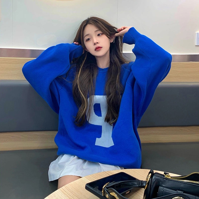 Suhao American top Klein blue sweater wanita tipis longgar gaya bf mantel atas hoodless oversize ove