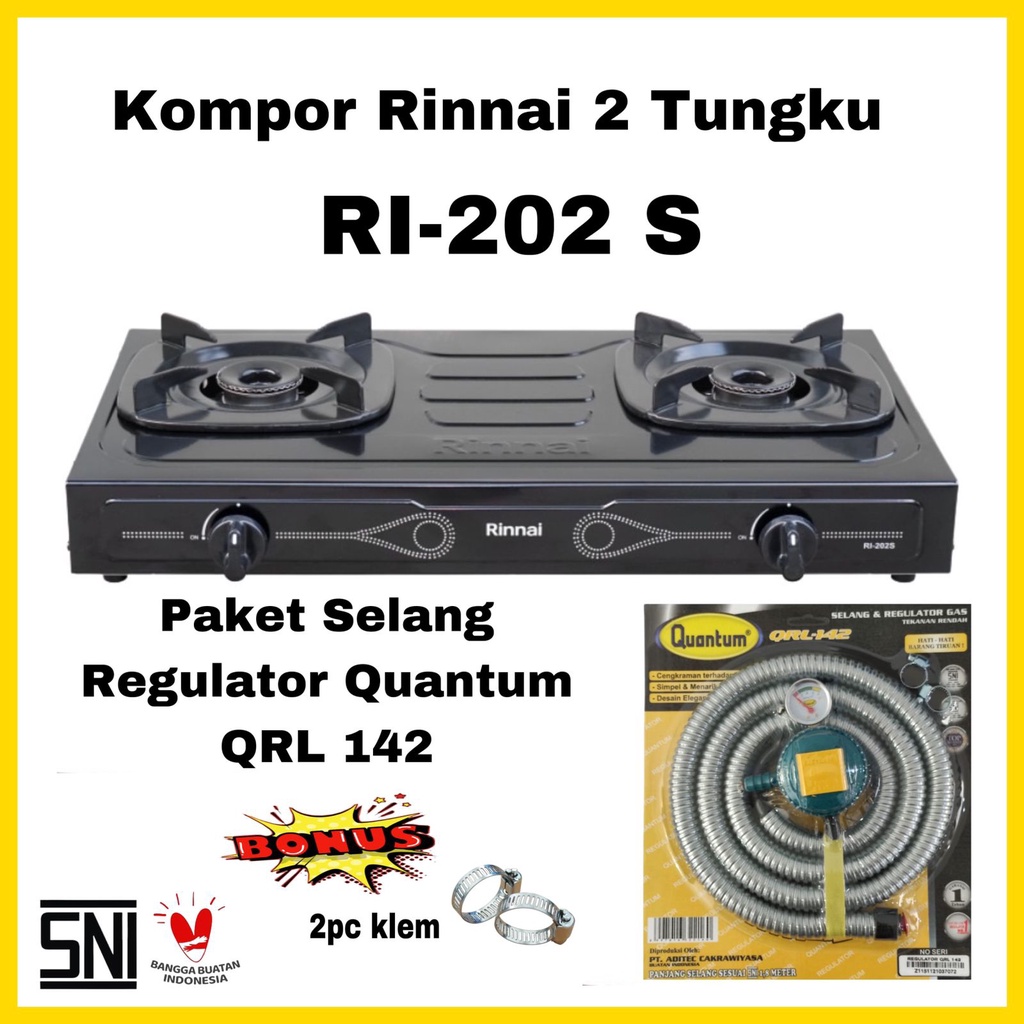 Os3- Paket Kompor Gas Rinnai 2 Tungku Ri-202S Bonus Selang Regulator Gas Quantum