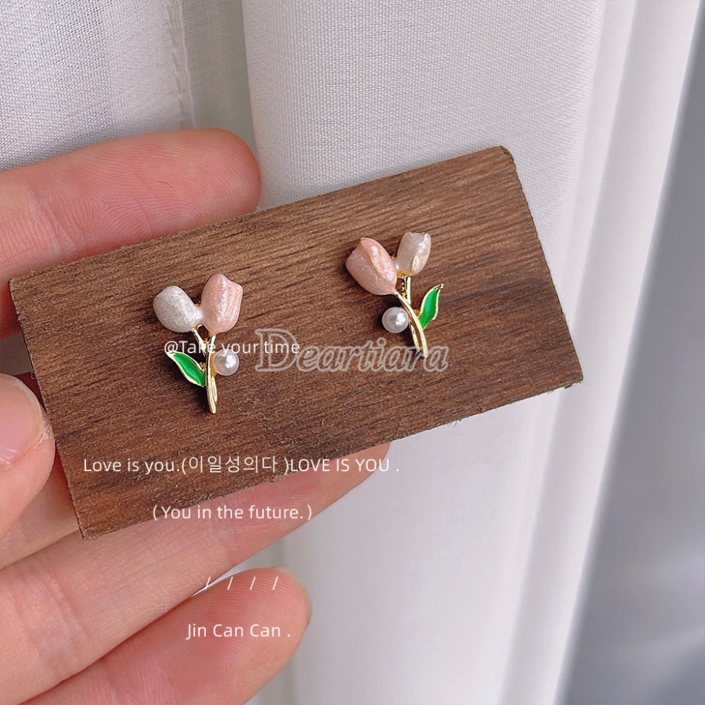 Anting Stud Desain Bunga Tulip Pink Aksen Mutiara Untuk Wanita