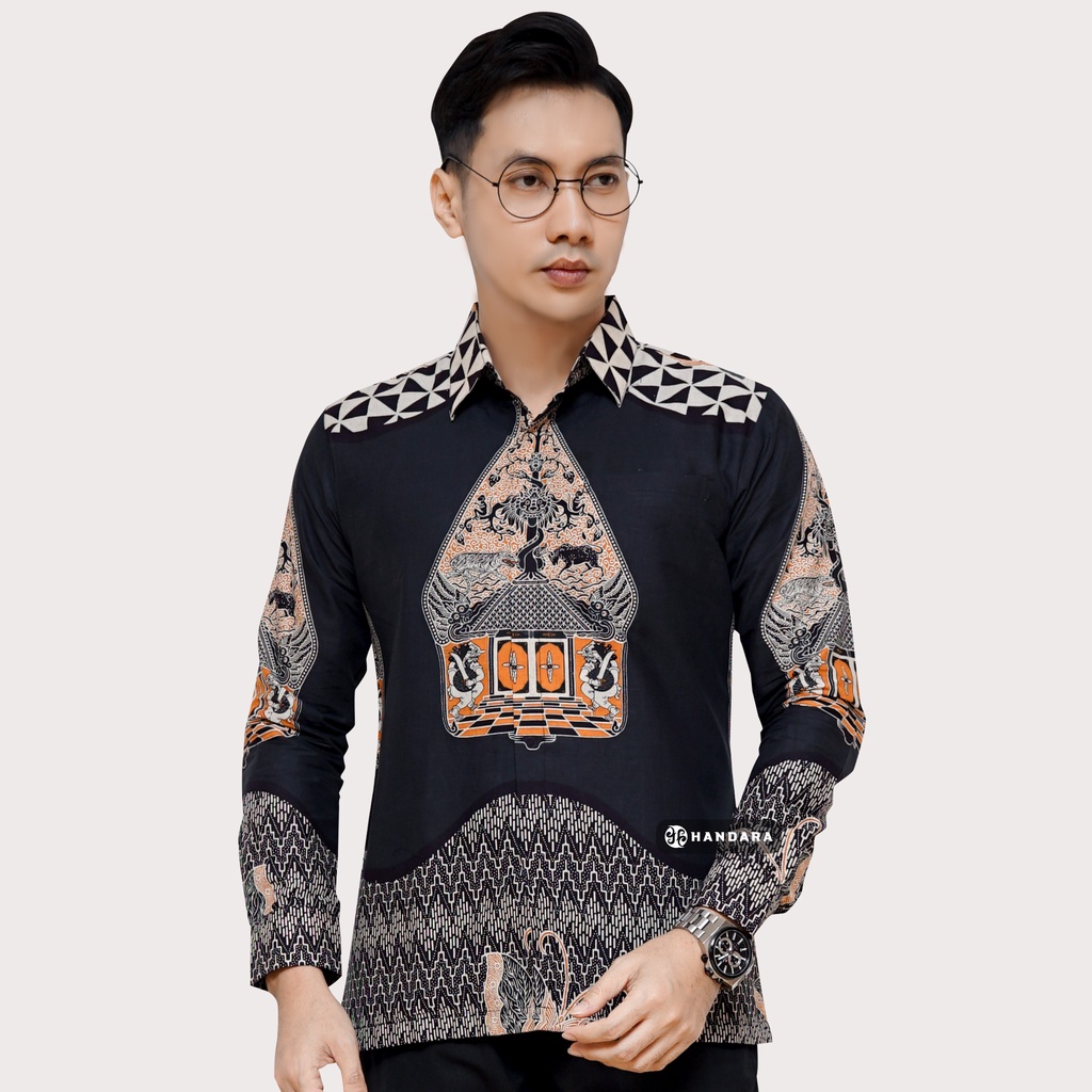 Baju Kemeja Batik Pria Lengan Panjang Slim Fit Premium Modern Full Furing Katun Halus Original Handara Motif Gunungan Sindoro Hitam HB-103