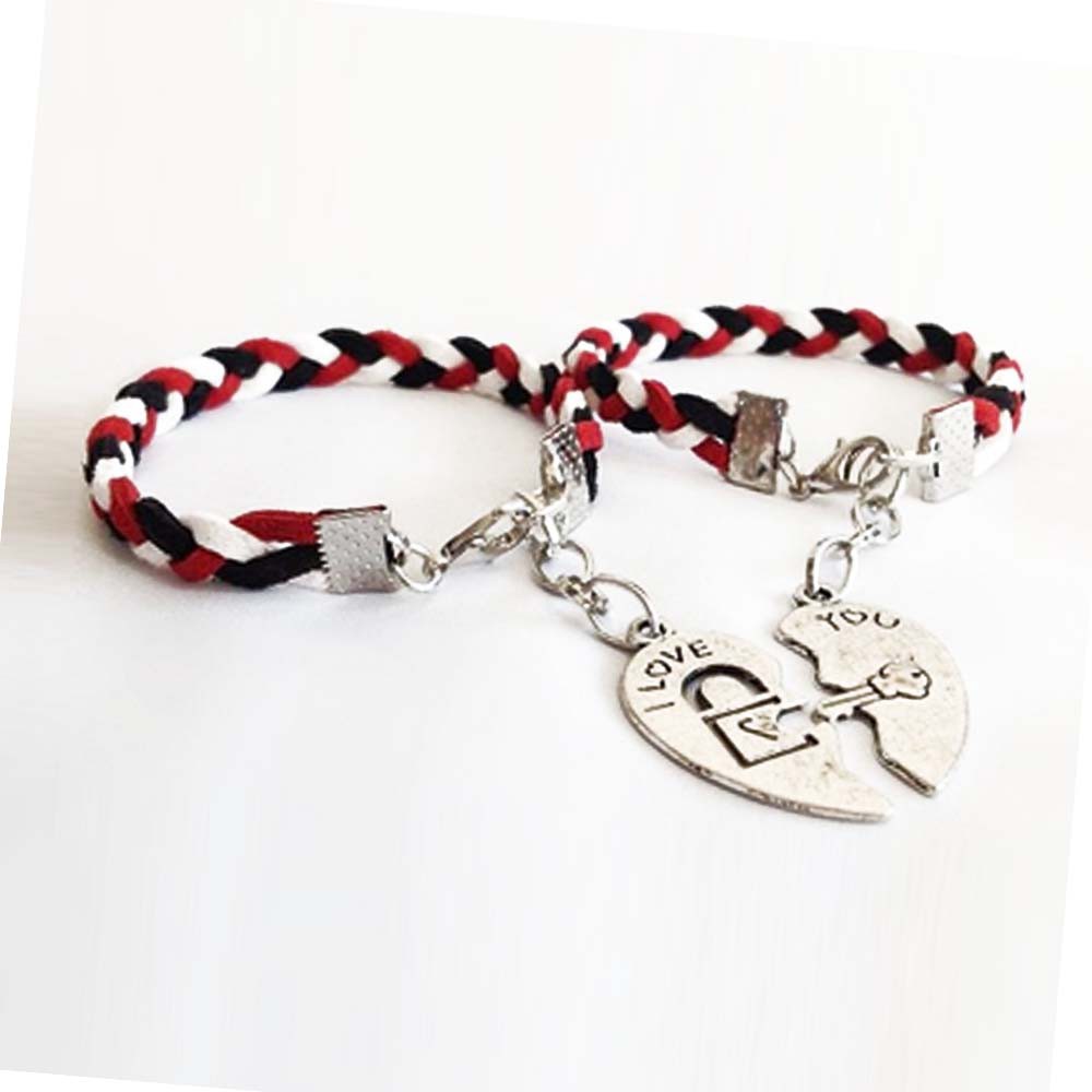 Gelang Couple Puzzle Heart Silver Tali Suede Kepang Tridatu Bisa Custom Warna