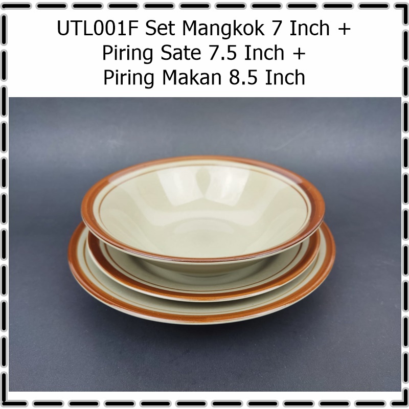 UTL001F [3in1] Set Mangkok 7 Inch + Piring Sate 7.5 Inch + Piring Makan 8.5 Inch Kerami Lucky Fine