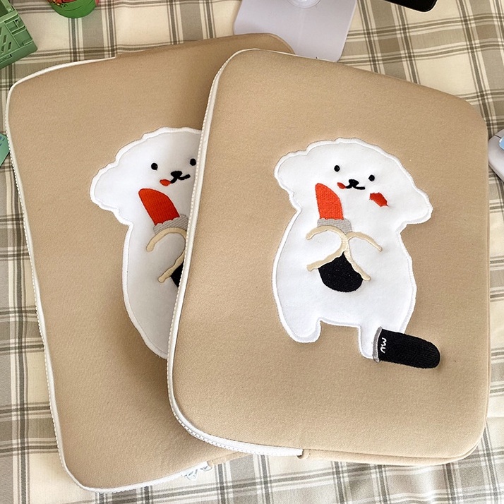 Sleeve Pouch Sarung Tas Bag Case Ipad Tab Tablet Macbook Air Pro Laptop Asus Acer Lenovo HP Huawei 11 12 13 14 15 inch Motif Gambar Kartun Anjing  Dog Poodle Warna  SOft Brown Khaki Cute Murah Korean Model