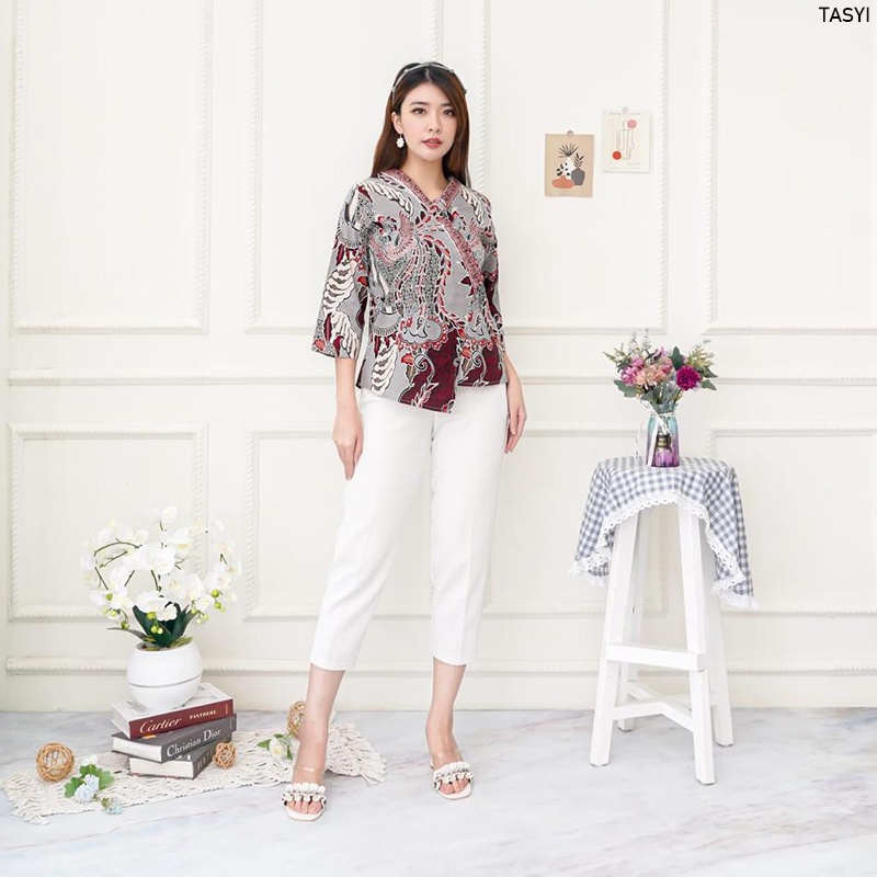 Evercloth Tasyi Atasan Batik Lengan Panjang Wanita Model Kimono Blouse Batik Perempuan Baju Batik Cewek Katun Stretch Premium Batik Couple Family Set Abu Grey Silver