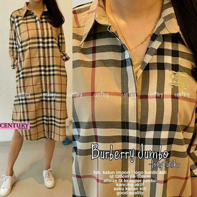 Burberry Jumbo Long tunik warna mocca coklat atasan tunic cewek bahan Katun bordir panjang motif kot