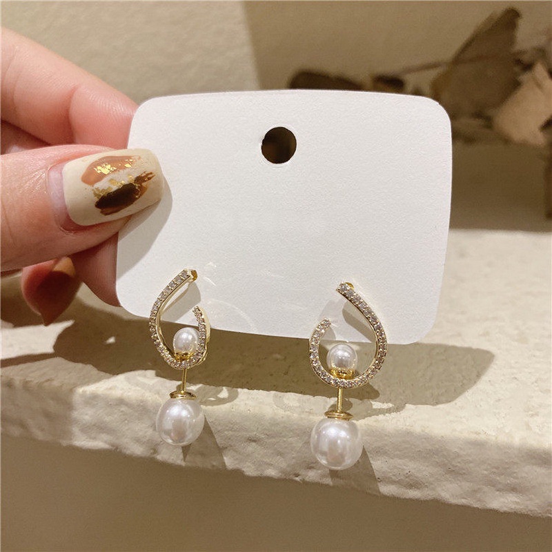 Anting stud S925 silver needle Bentuk U Hias Mutiara zircon Untuk Wanita