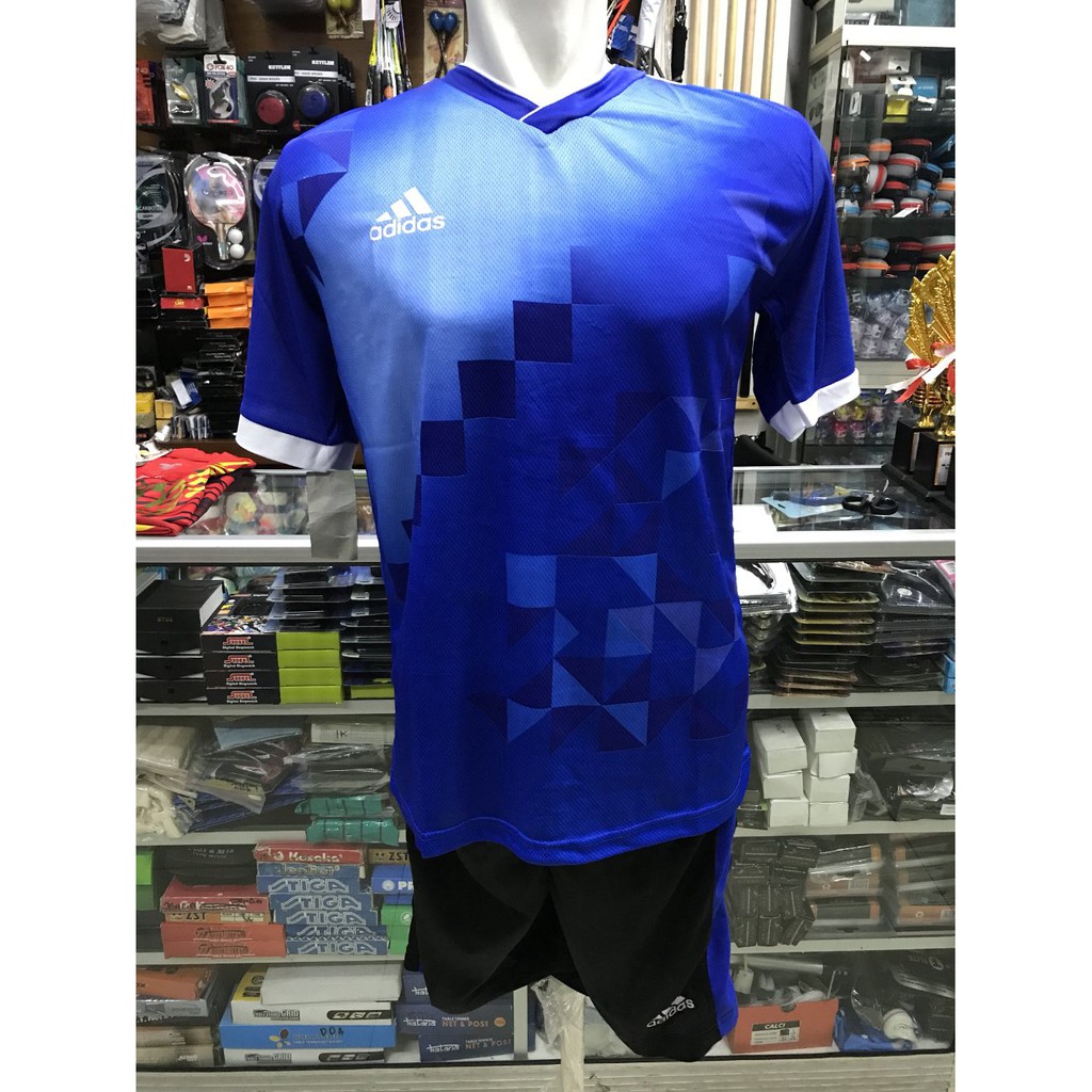 kaos baju sepak bola dan futsal adidas 1 stel corak kotak warna biru